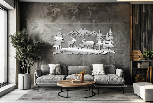 Featuring the decorative metal art, a round coffee table in the foreground enhances a rustic nature-themed living area with a gray sofa and a deer family mountain scene.