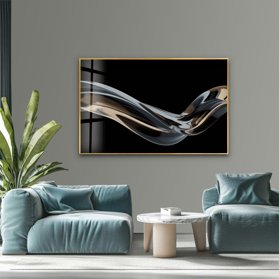Ebony Silk Wave – Minimalist Metallic Flow Glass Wall Art
