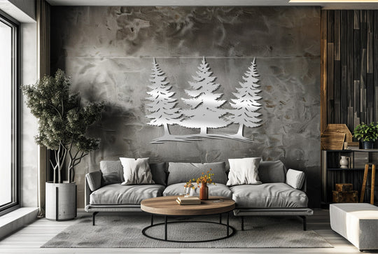 Sharp color contrast defines the evergreen serenity pine forest metal wall decor, silhouetted against a textured grey backdrop in a modern home.