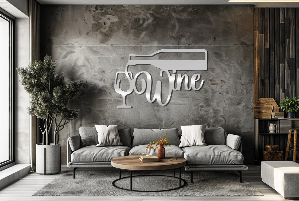 Crafted with durable metal artwork, the modern wine bottle and glass wall art showcases a refined metallic sheen for a sophisticated look.