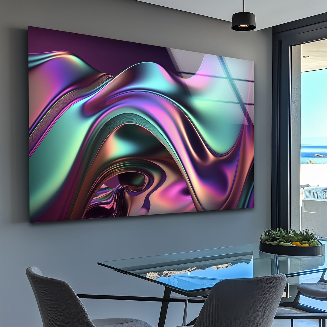 Iridescent Wave Mirage – Neon Chrome Flow Glass Wall Art