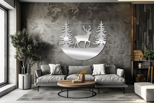 Highlighting the layering effect, the deer forest scene in this metal art for wall design showcases wildlife home decor with overlapping elements of trees and a deer.