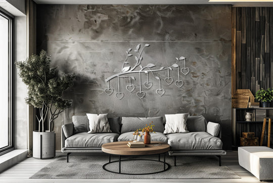 Centered, romantic metal art for wall featuring a branch with hanging hearts captures the room's focal point, adding a touch of love to the space.