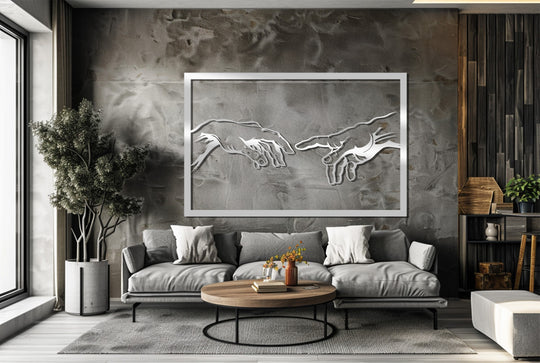 Subtle gradations define the background of the Creation Hands metal art for wall, emphasizing the reaching hands in a silvery transition against dark tones.