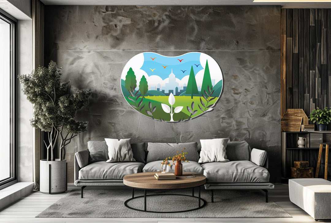 Eco-inspired metal wall decor with green landscape