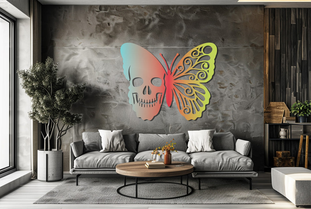 Ethereal Duality Skull Butterfly Metal Wall Art – Colorful Symbolic Design