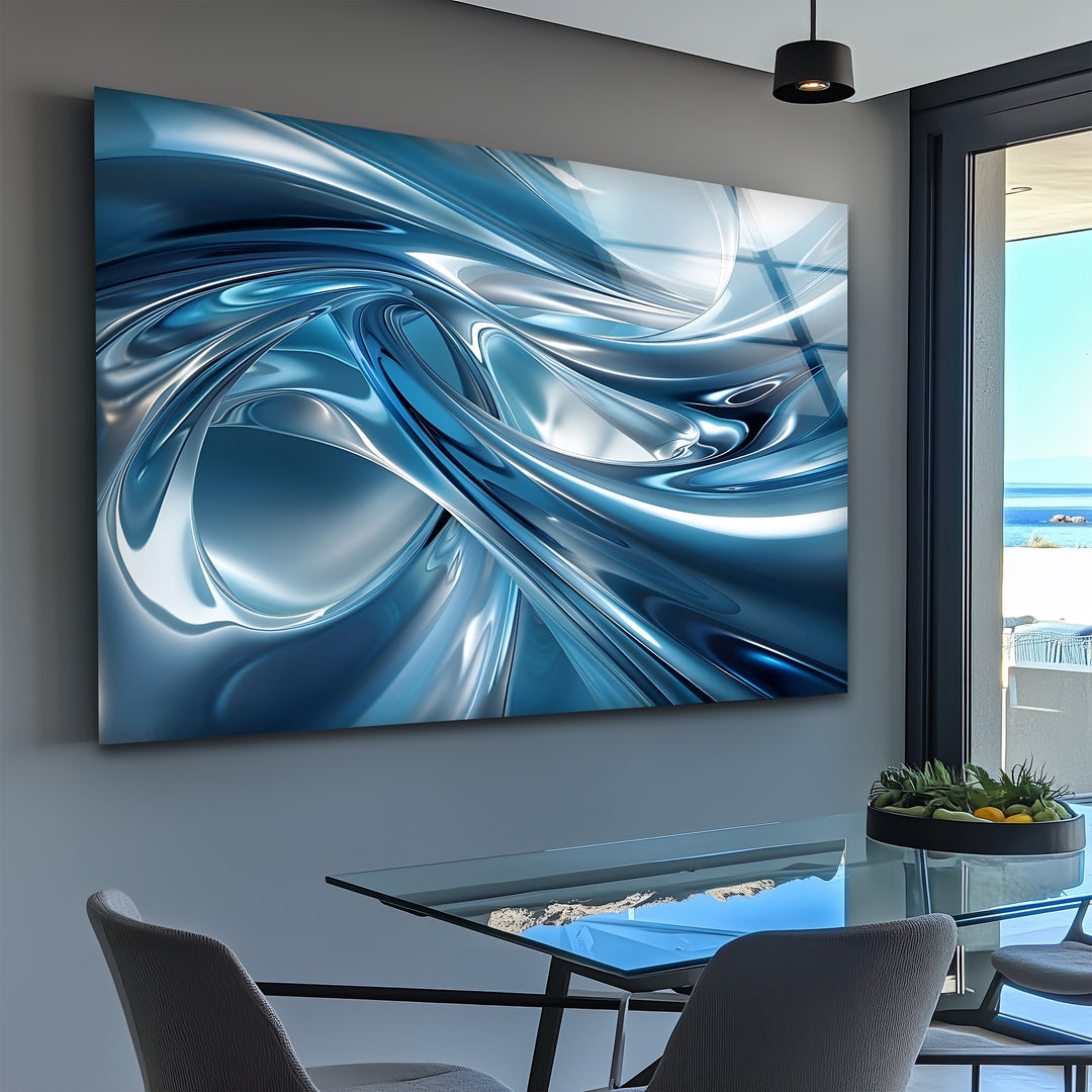 Azure Liquid Motion – Abstract Chrome Blue Glass Wall Art