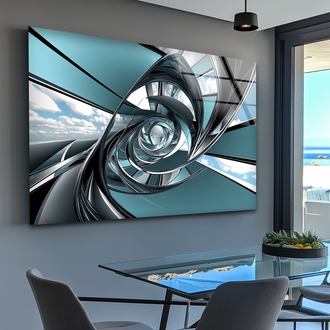 Aero Spiral Gateway – Futuristic Chrome Tunnel Glass Wall Art