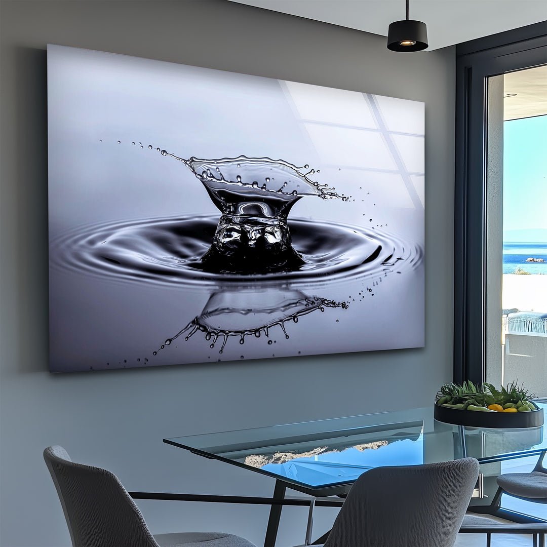 Aqua Impact Moment – Black & Silver Water Splash Glass Wall Art