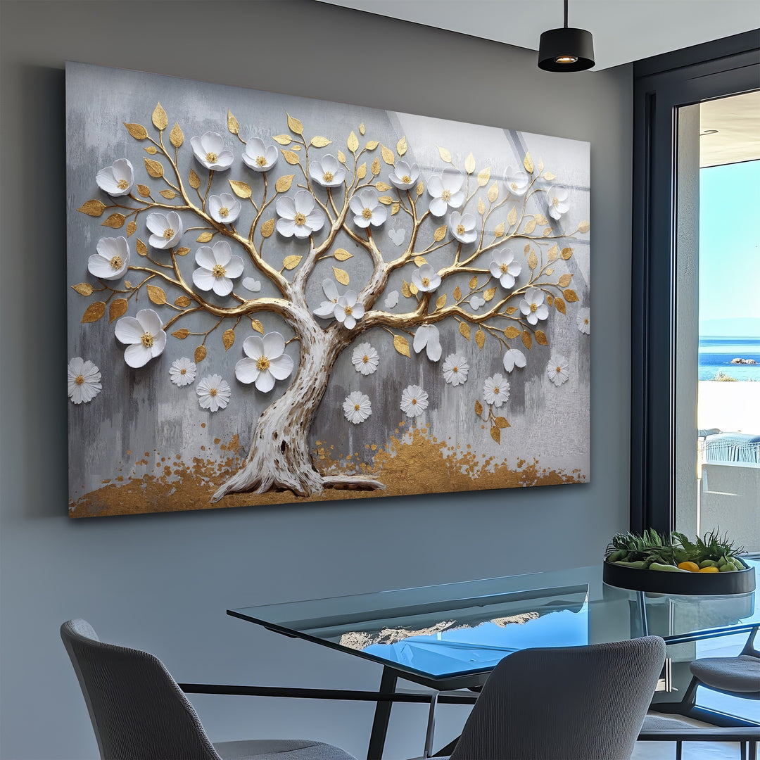 Golden Blossom Tree – Elegant Floral Relief Glass Wall Art