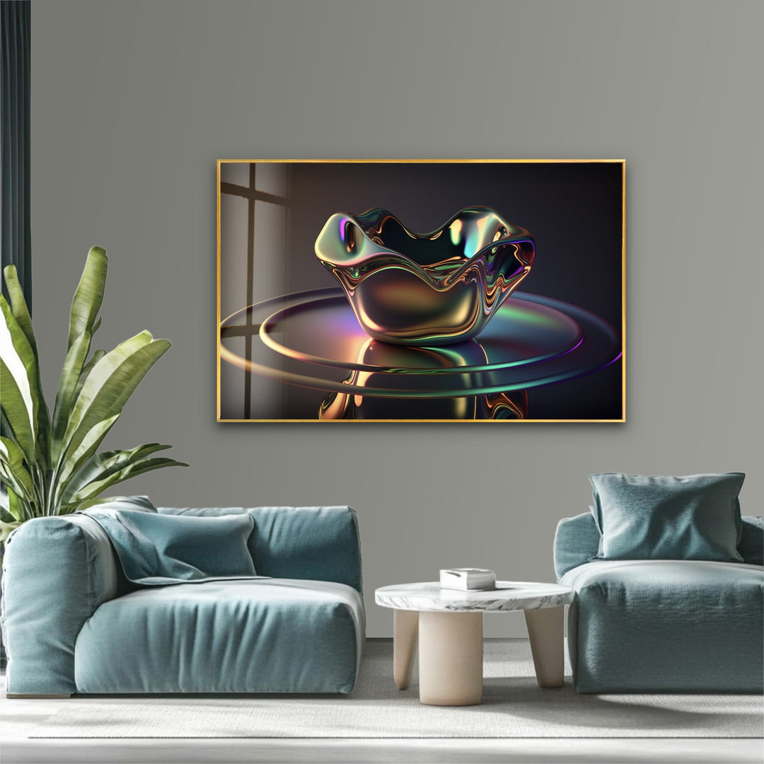 Iridescent Sculpted Bloom – Futuristic Chrome Bowl Glass Wall Art