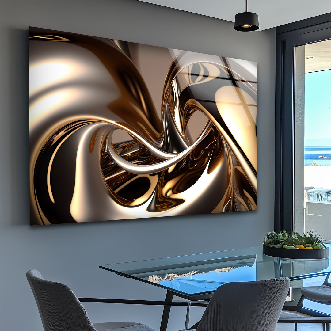Molten Bronze Mirage – Abstract Metallic Swirl Glass Wall Art