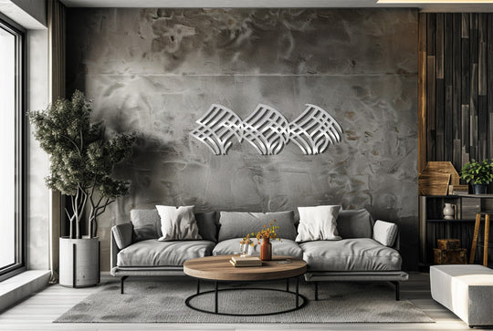 High color contrast highlights the silver Geometric Flow Metal Wall Art with its modern abstract wave design against the textured gray wall for unique decoration wall art.