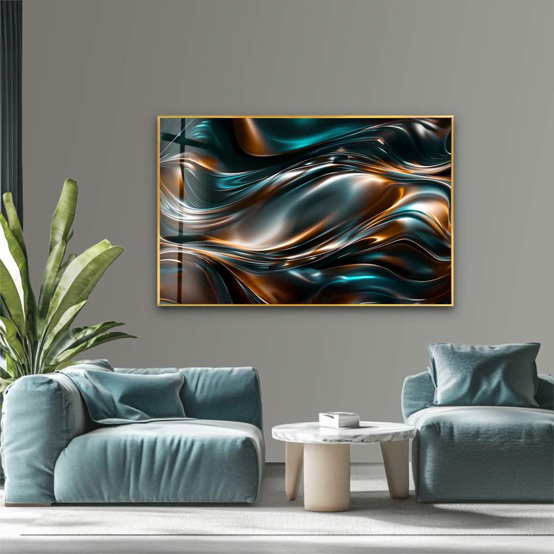 Obsidian Copper Drift – Abstract Metallic Wave Glass Wall Art