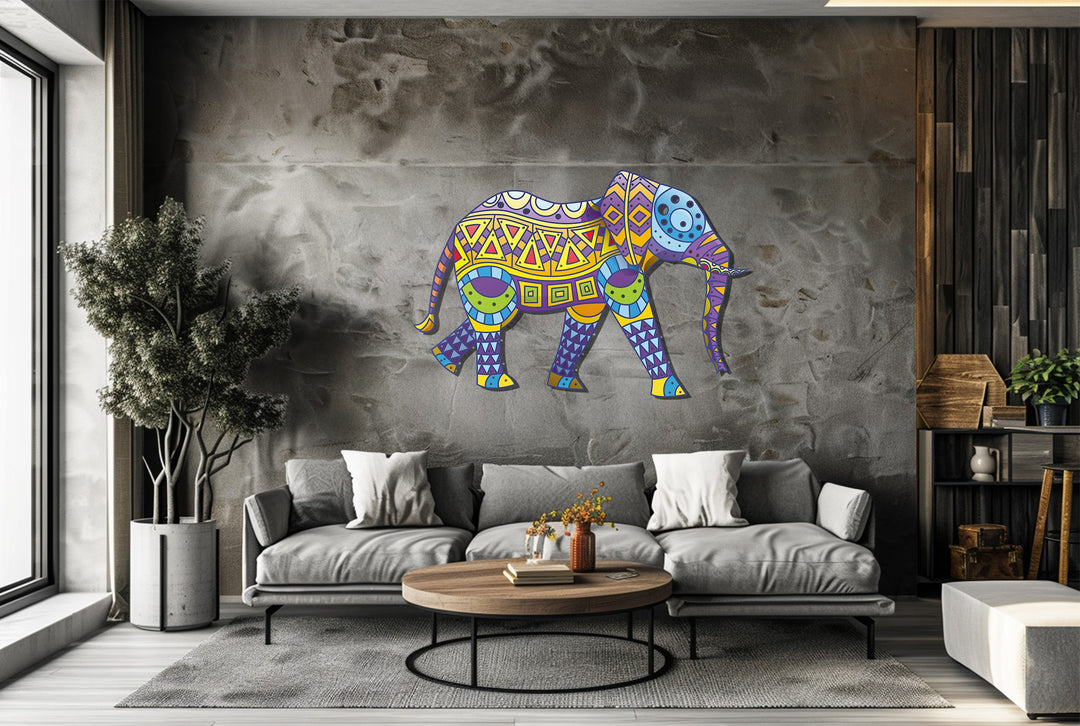 Colorful Tribal Elephant Metal Wall Art – Bohemian Animal-Inspired Home Decor