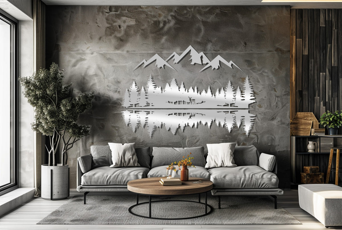 Highlighting the layering effect, a rustic mountain forest metal artwork features reflective nature decor, crafting depth with stacked mountain and tree silhouettes.