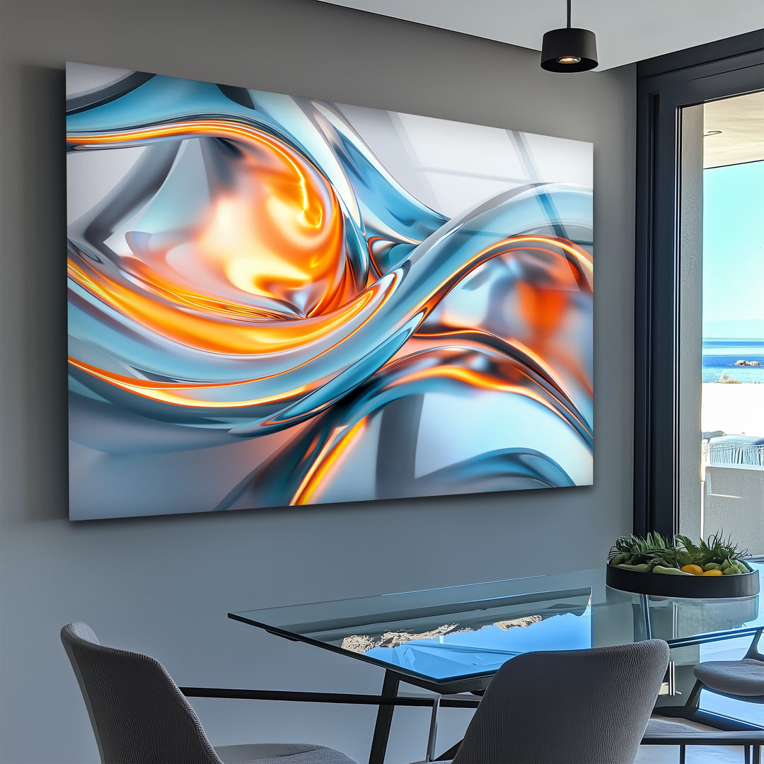 Solar Frost Fusion – Abstract Blue & Orange Chrome Glass Wall Art