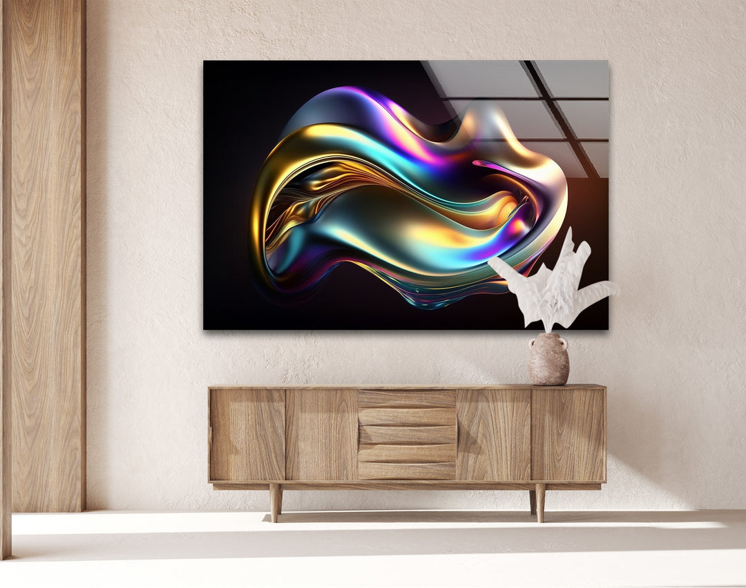 Aurora Chrome Wave – Iridescent Metallic Flow Glass Wall Art