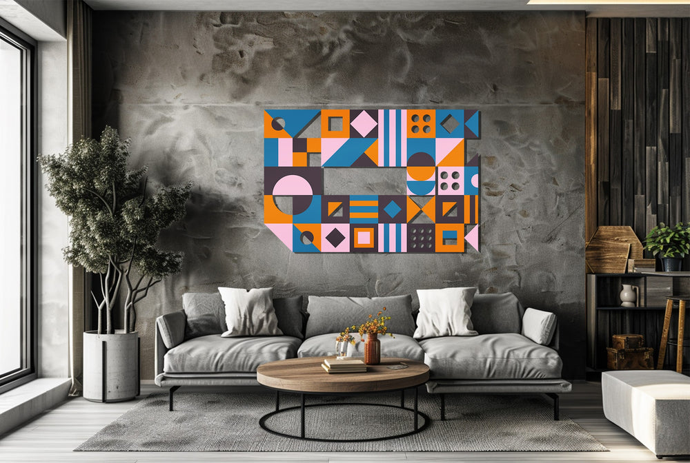 Geometric shapes metal wall art with colorful abstract design