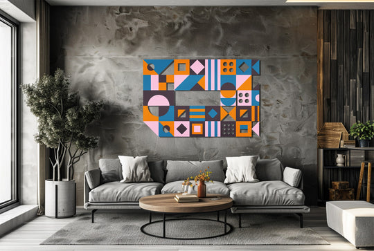 The bold geometric shapes in shades of pink, orange, and blue give this unique metal wall art a loud, colorful, and modern appeal.