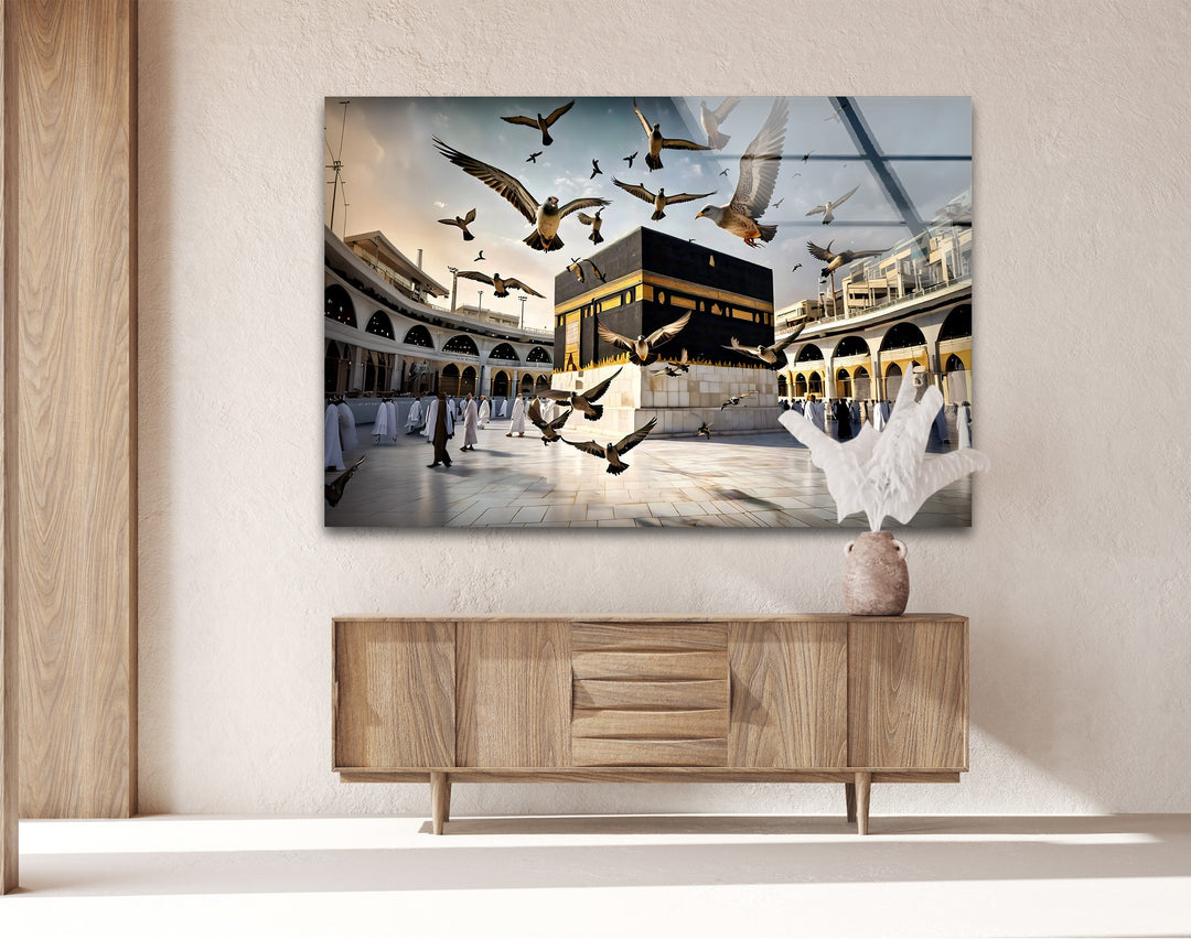 Peaceful Flight – Kaaba with Doves Glass Wall Art