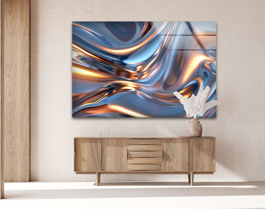 Arctic Ember Alloy – Abstract Silver & Copper Wave Glass Wall Art