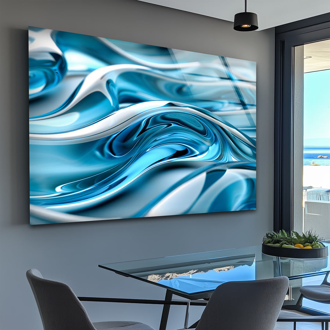 Arctic Wave Flow – Abstract Blue Chrome Fluid Glass Wall Art