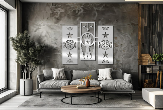 Horizontally oriented, rectangular panels present unique metal wall art featuring a geometric Christmas design of a snowman, snowflake, and stars.