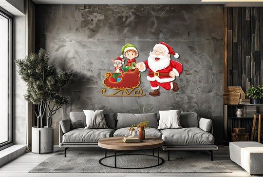 Deep surface texture accentuates the decorative metal art of a cartoon Santa and elf on a sleigh, adding visual depth to this festive Christmas wall art.
