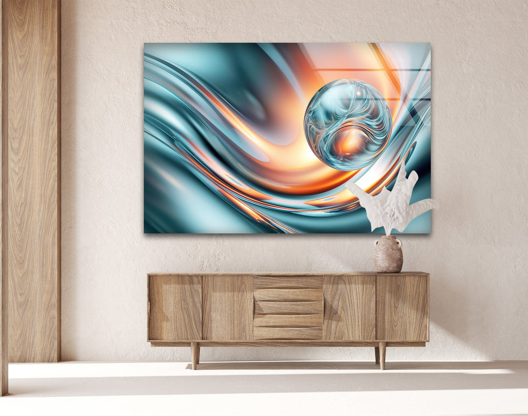 Aqua Ember Orb – Abstract Chrome Wave Glass Wall Art