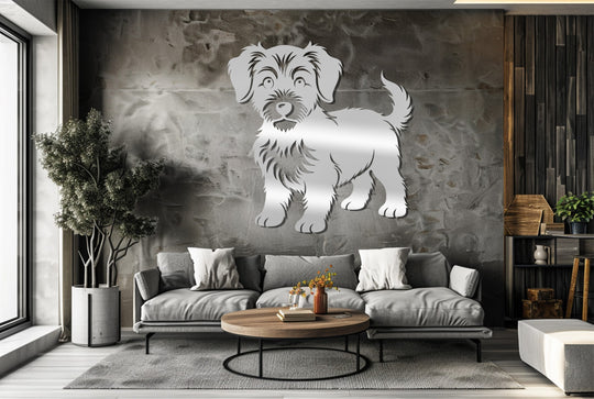 Negative space defines the playful puppy silhouette, a striking piece of metal art for wall decor that brings a modern and adorable touch to the living space.