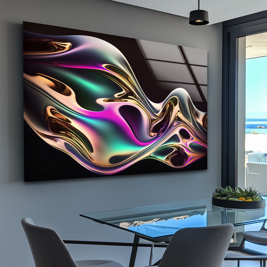 Neon Mirage Flow – Iridescent Metallic Wave Glass Wall Art