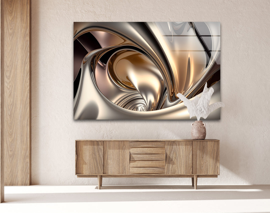 Champagne Alloy Flow – Abstract Gold & Silver Chrome Glass Wall Art