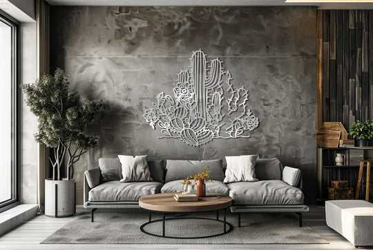 The Desert Bloom cactus garden, a stunning piece of metal artwork, creates an elegant Southwestern focal point with its detailed cacti and desert flower design.