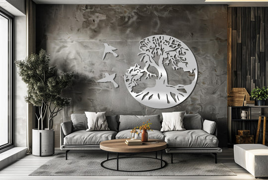 Evoking a sense of freedom, the decorative metal art 'Tree of Life' wall sculpture features soaring birds, implying movement and vitality in nature's silhouette.
