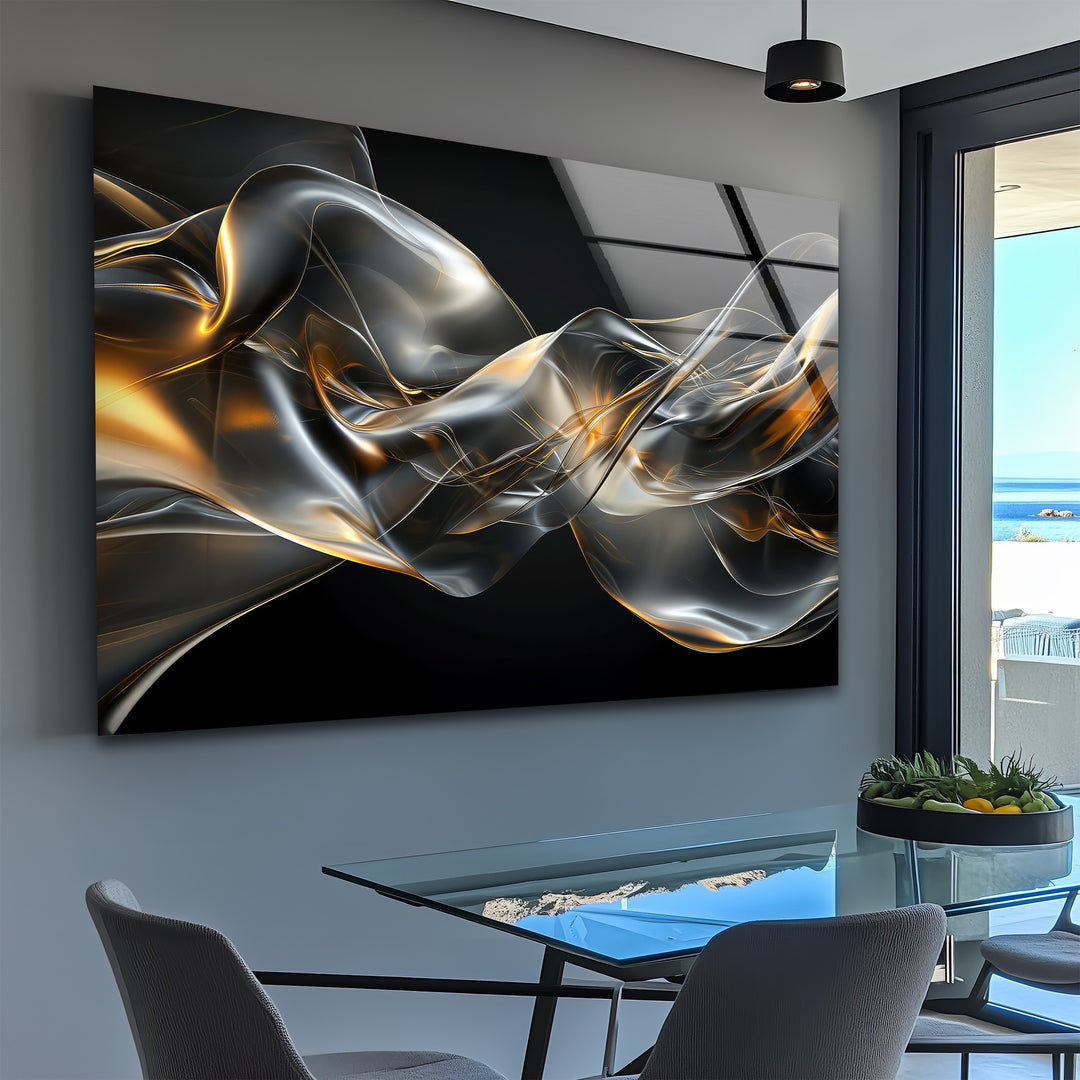 Midnight Ember Drift – Abstract Smoke Gold Glass Wall Art