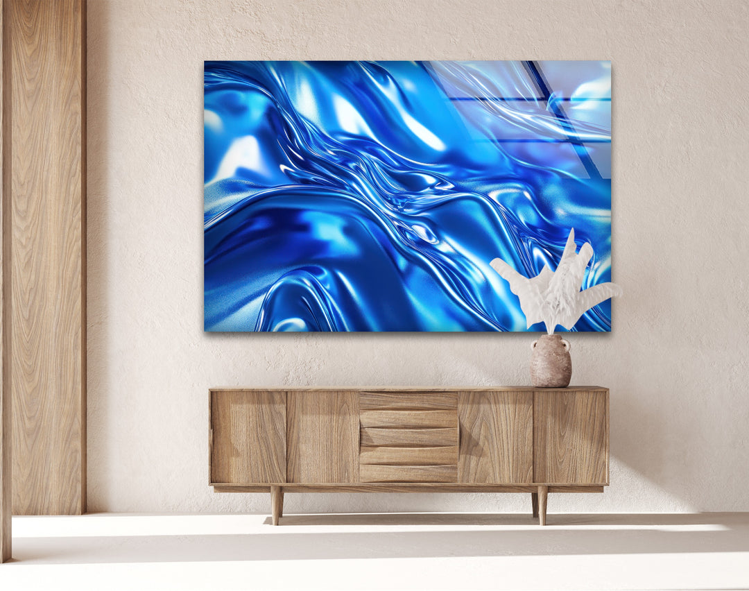 Cobalt Fluid Mirage – Abstract Blue Chrome Glass Wall Art