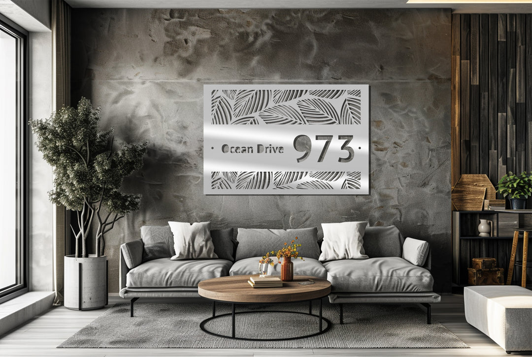 Custom Metal Address Plaque – Tropical Leaf Design House Number Sign