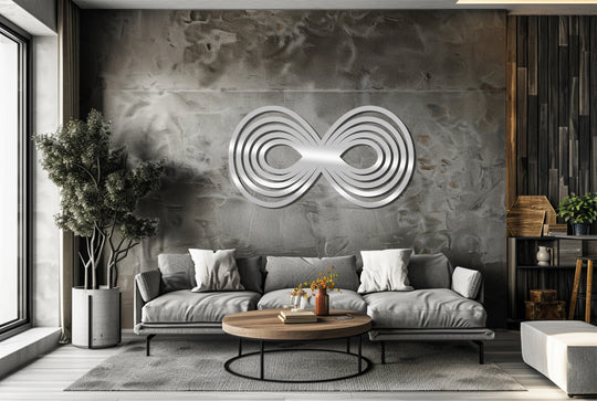 The layering effect of the Infinity Loop metal artwork gives this modern abstract symbol a dynamic look, enhancing the metal artwork's visual depth.