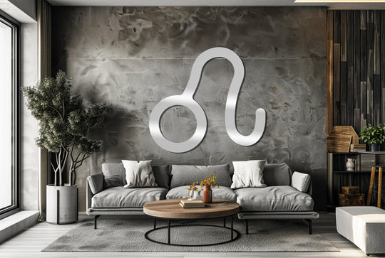 The stillness in this room is emphasized by the metallic Leo zodiac symbol, a piece of decorative metal art that adds an astrological touch above the sofa.