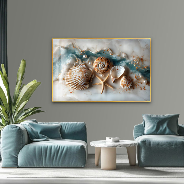 Coastal Treasures – Seashell & Ocean Pearl Glass Wall Art