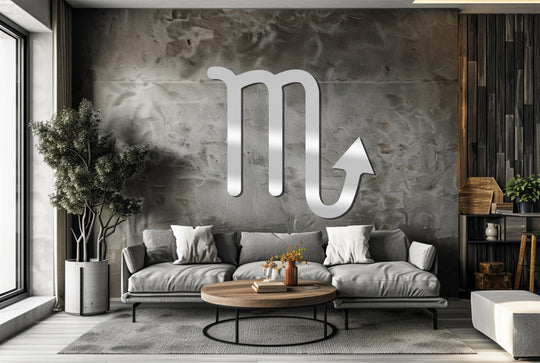 Subtle light and shadow play across the decorative metal art, highlighting the sleek contours of the Scorpio zodiac symbol wall art.