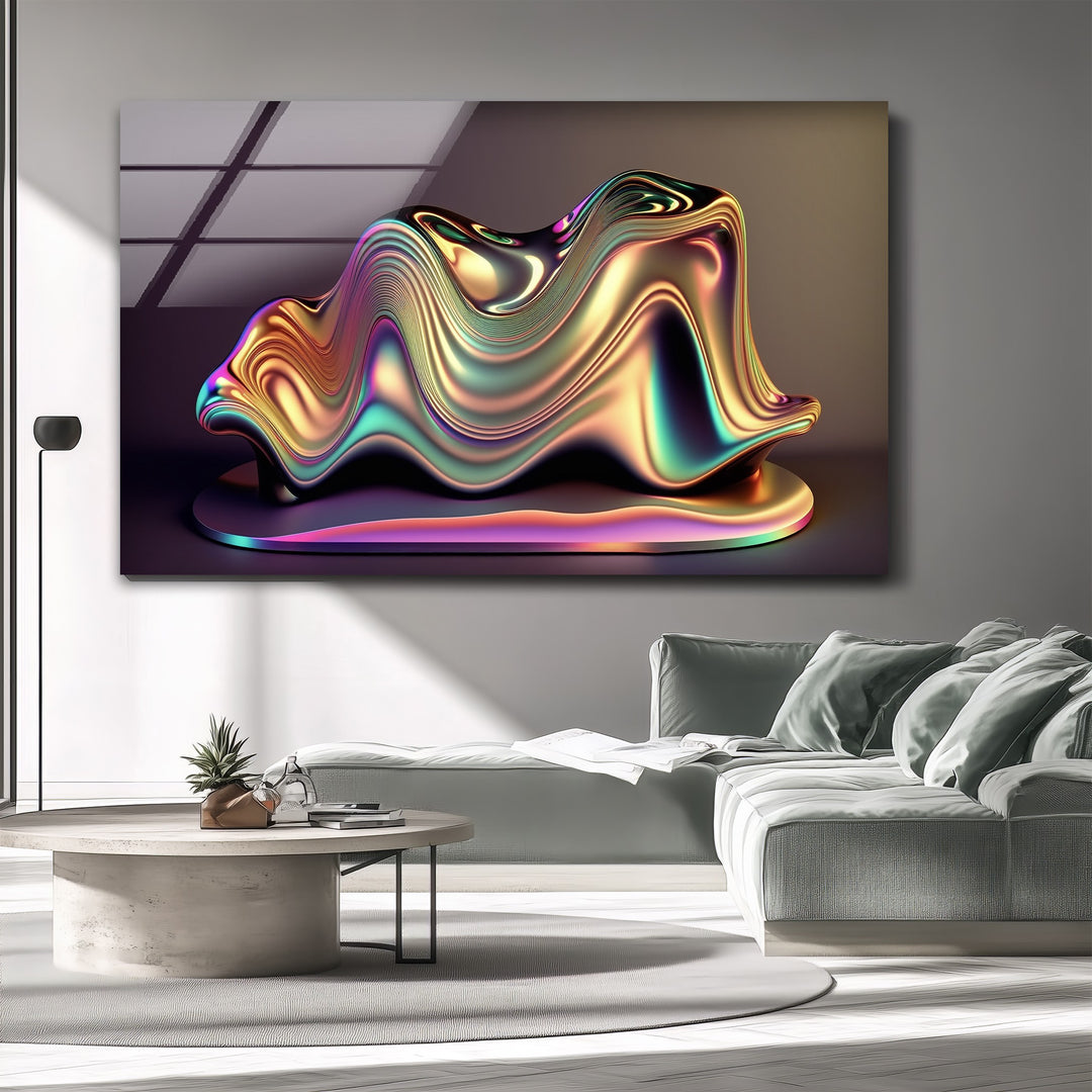 Chromatic Sculpted Form – Iridescent Metallic Shape Glass Wall Art