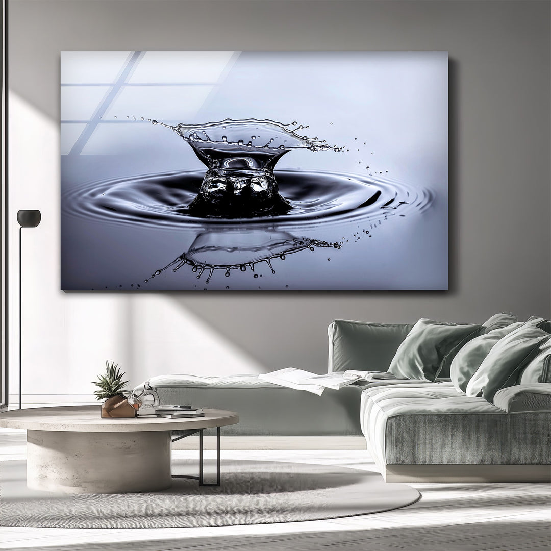Aqua Impact Moment – Black & Silver Water Splash Glass Wall Art