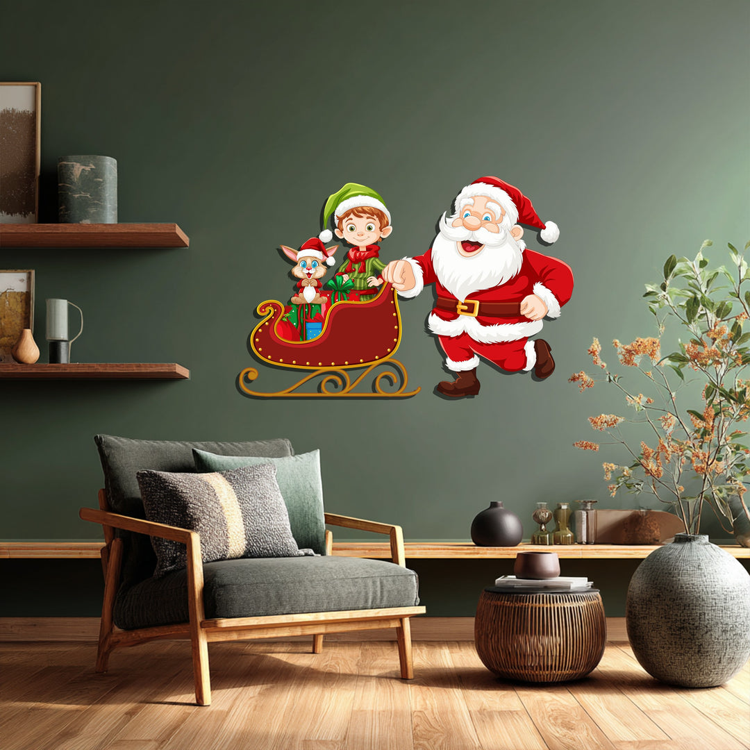 سانتا وجولة الزلاجة مع الجان - لوحة جدارية لعيد الميلاد