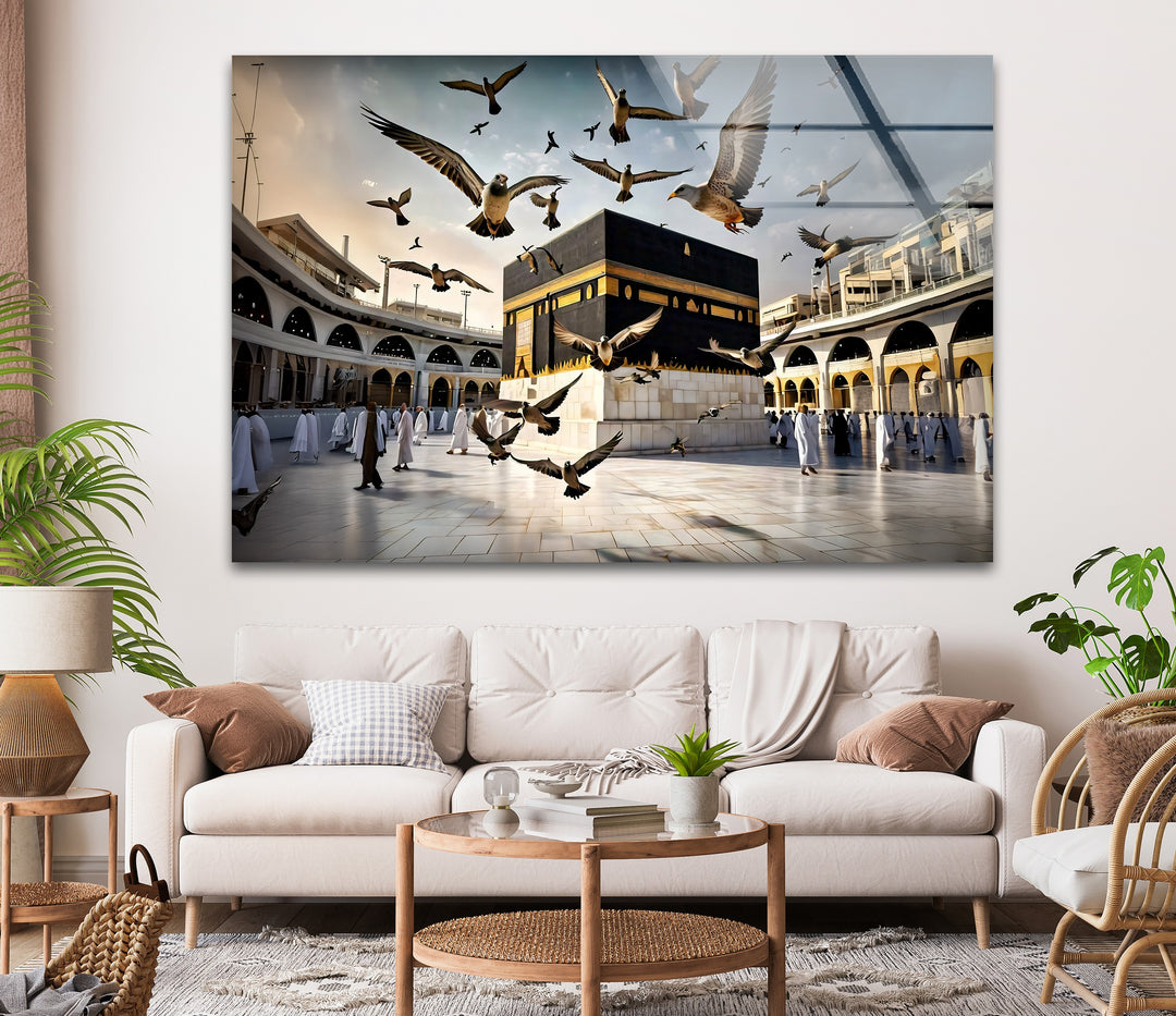 Peaceful Flight – Kaaba with Doves Glass Wall Art
