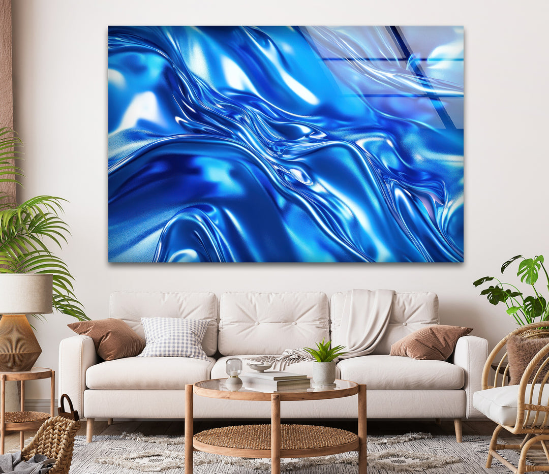 Cobalt Fluid Mirage – Abstract Blue Chrome Glass Wall Art