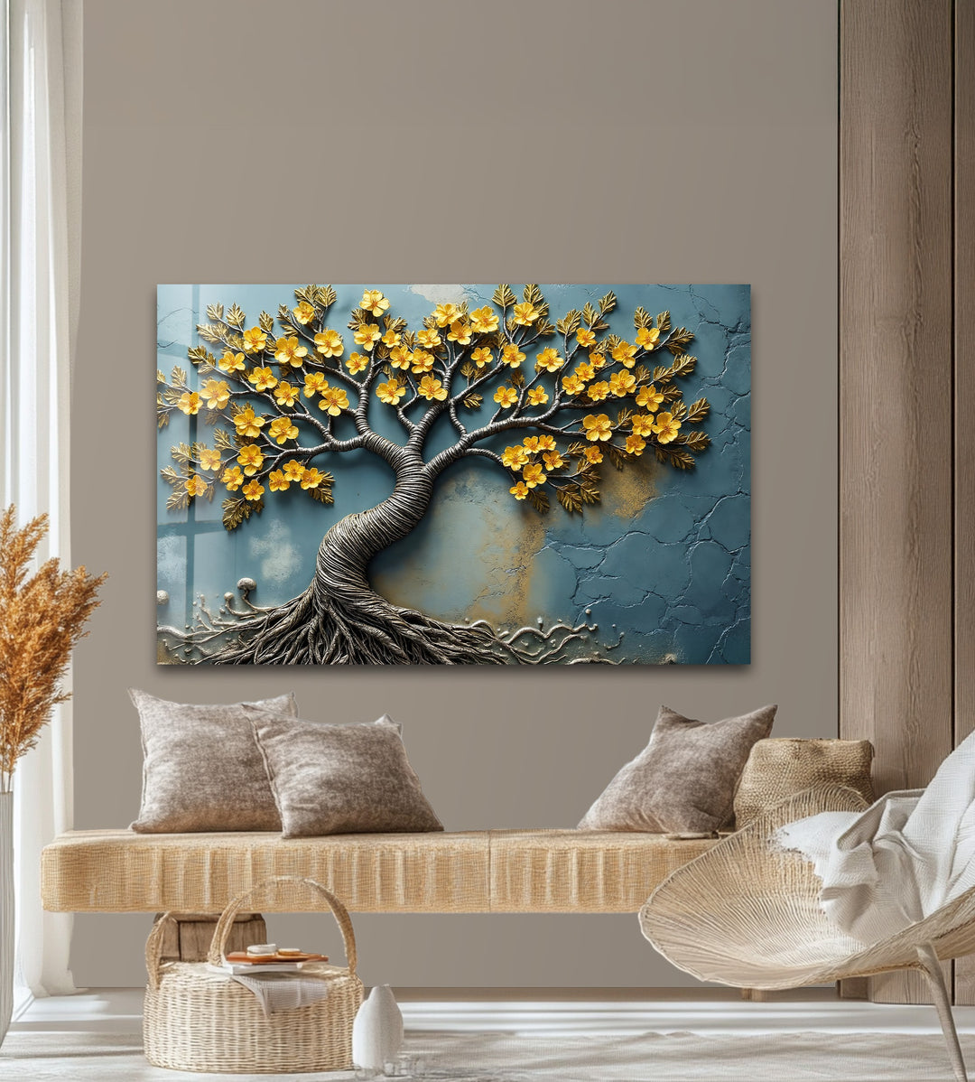 Golden Blossom Roots – Textured Floral Tree Glass Wall Art