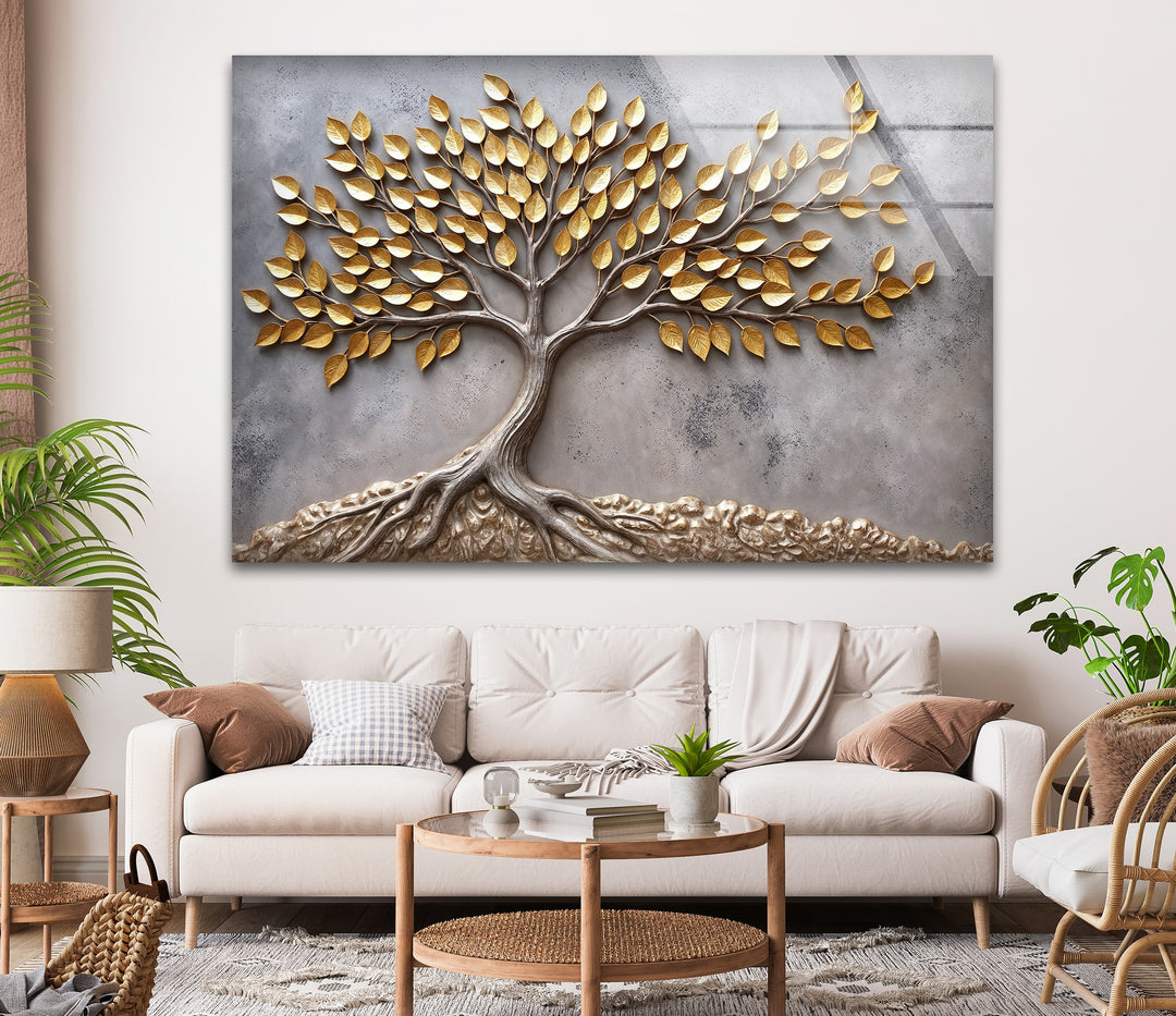 Eternal Roots Gold Harmony – Luxury Tree of Life Glass Wall Art