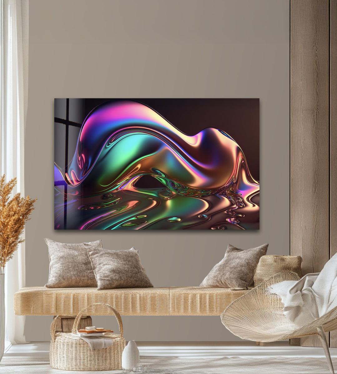 Neon Mirage Crest – Iridescent Chrome Wave Glass Wall Art
